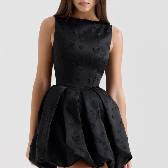 Melika black backless embroidered mini puffball dress S - Picture 8 of 8